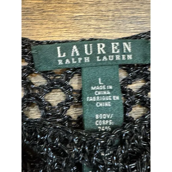 Lauren Ralph Lauren Metallic Open Knit Sleeveless Blouse‎ Black/Blue Crochet - Image 4