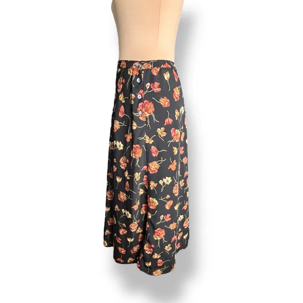 Vintage‎ 90s Halston Black Red Dark Floral Maxi Skirt Side Button Size 12 Fall - Image 2