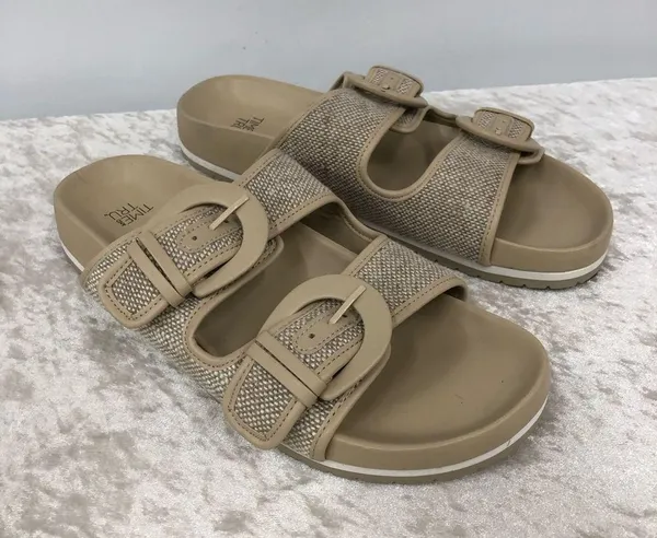 Time & Tru womens canvas size 9 beige & brown double strap slide on sandals - Image 2