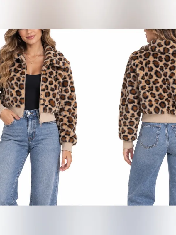 Altar’d State Leopard Faux Fur Jacket XXS Cropped Zip Up Animal Print - Image 2