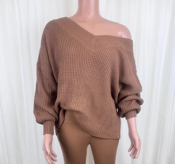 New Women's Zenana Plus Size V-Neck Off The Shoulder Waffle Knit Sweater Camel / Light Brown Sz 1X - Image 2