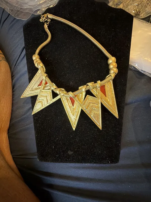 Vintage 1980s Geometric Triangle Bib Statement Necklace Gold - Image 7