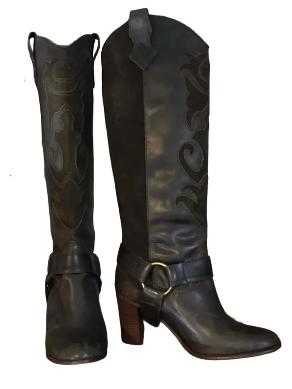 L.L. Bean Dark Brown Suede & Leather Western Style Heeled Calf High Boots (6.5) - Image 5