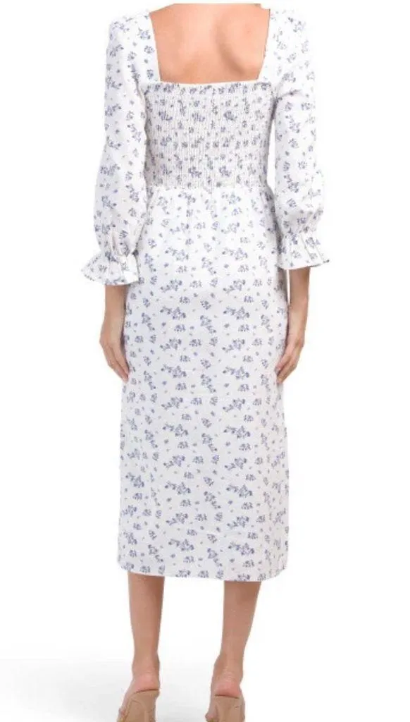 House of Harlow Linen Smocked Bodice Square Neck Floral Cottage Coquette Soft XS - Image 2