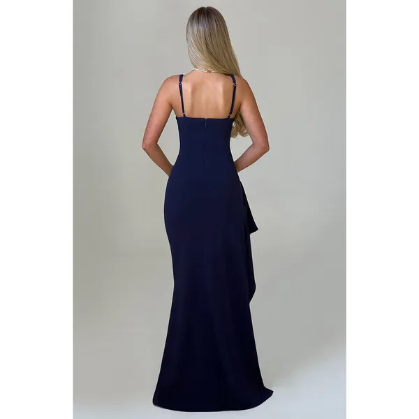 NWT Babyboo Violetta Navy Blue Ruched High Slit Ruffle Maxi Dress Womens Size XS - Image 3