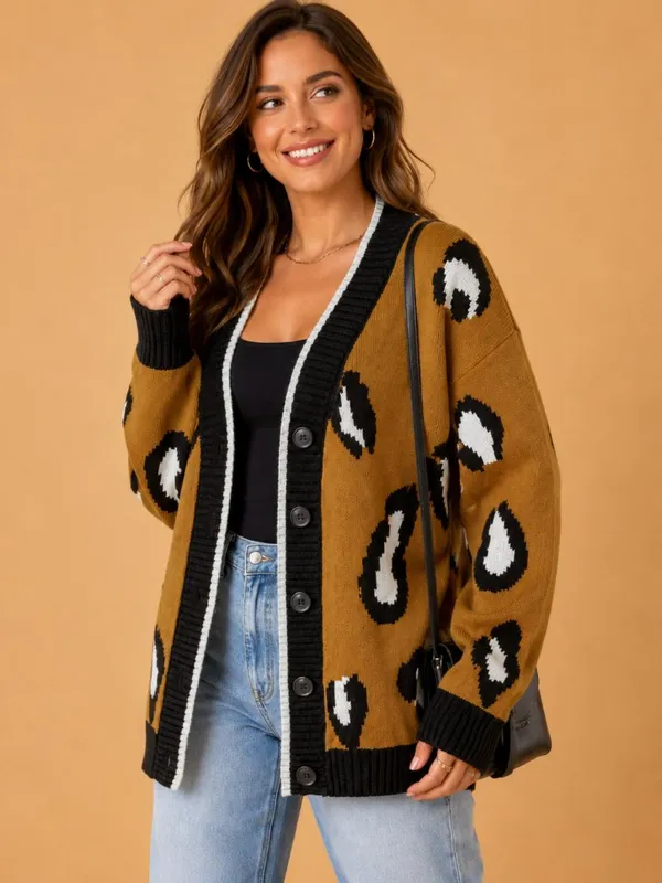 Leopard Print Oversized Button Front Cardigan Sweater Tan Black NWT Size M - Image 3