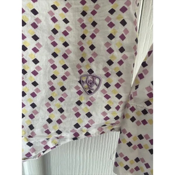 Ariat Western Pearl Snap Shirt Womens M Purple Yellow Diamond Print Cotton Top - Image 5