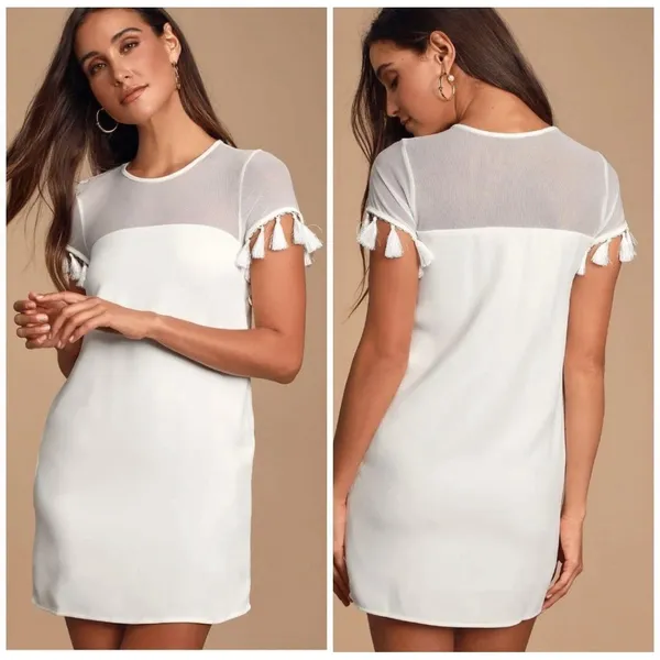 NEW Lulus‎ Iced Latte Dress Womens Medium White Shift Tassel Wedding Cocktail - Image 2