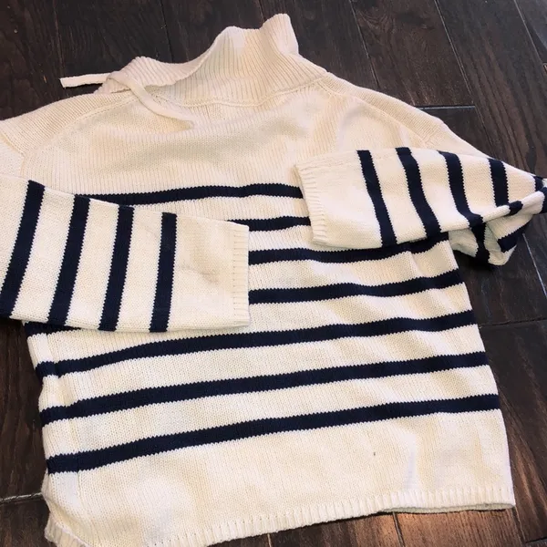 Blue and white striped knit sweater lace up size small - Image 4