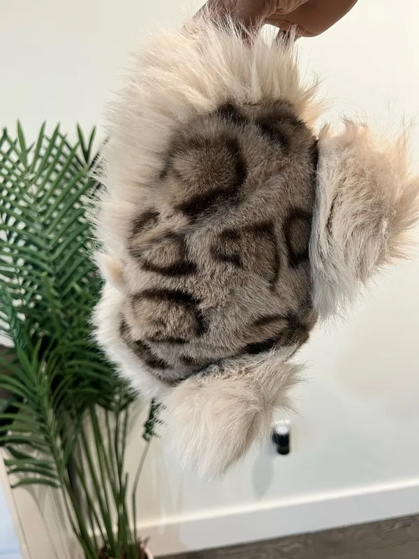 Plush Faux Fur Animal Ear Beanie - Cream & Brown - Image 2