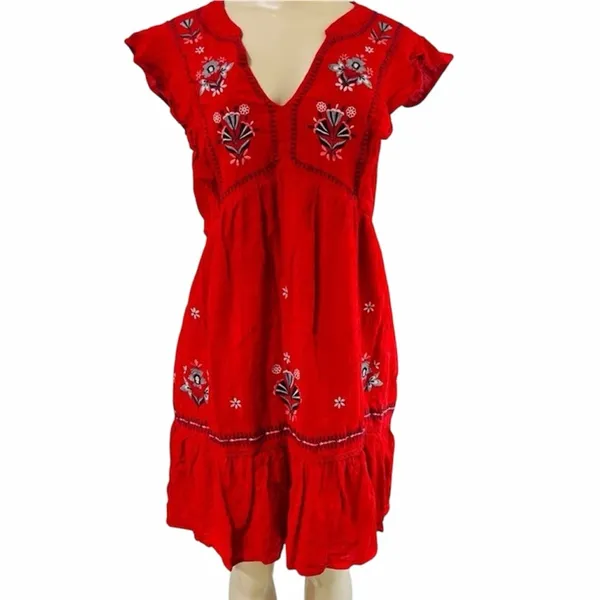 Knox Rose Women's Boho Short Sleeve V Neck Tiered Embroidered Dress Size L - Image 4