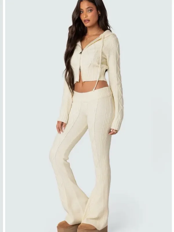 Edikted Ray Cable Stitch Knit Flare Sweater Pants - Image 3