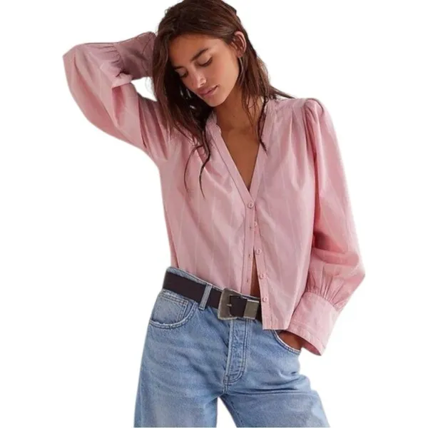Free People‎ Farmhouse Fresh Baby Pink Slouchy Oversized Cotton Top Small NWT - Image 2