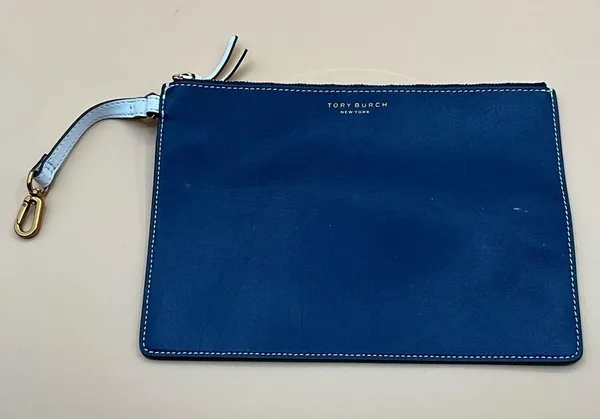 Tory Burch Navy Large Zip Pouch Leather Wristlet Zip Clutch - Image 2