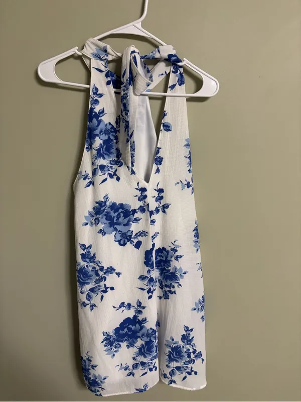 Lulus Darling Dearest Floral Print Swing Dress Size Medium White Blue Halter - Image 2