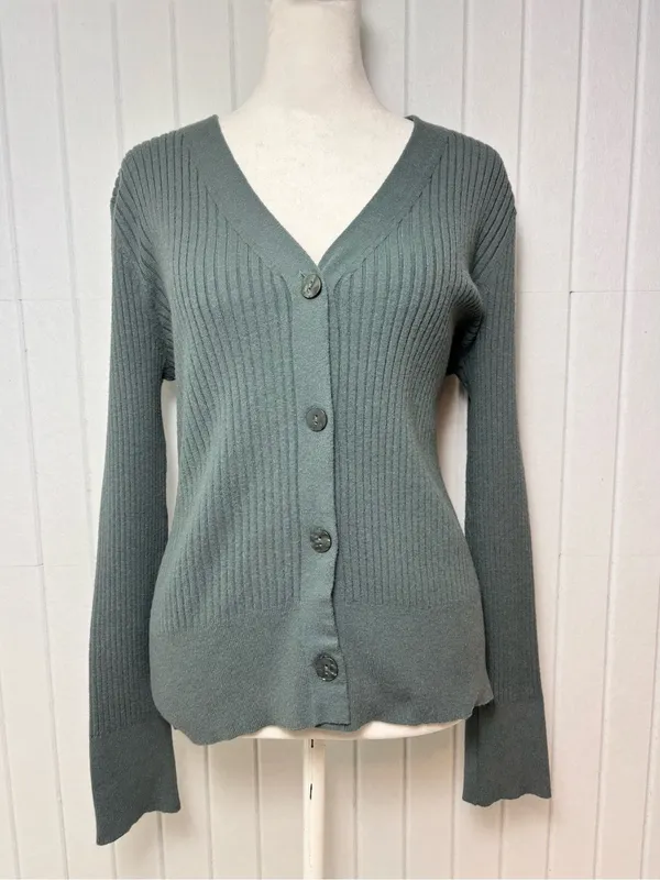 a‎ new day Sage Green Ribbed V-Neck Button Cardigan Size M - Image 2