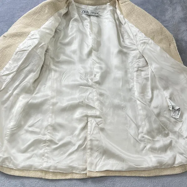 ZARA Textured‎ Cotton Tweed Blazer Jacket Ecru Cream Ivory XL Fully Lined Boho - Image 7