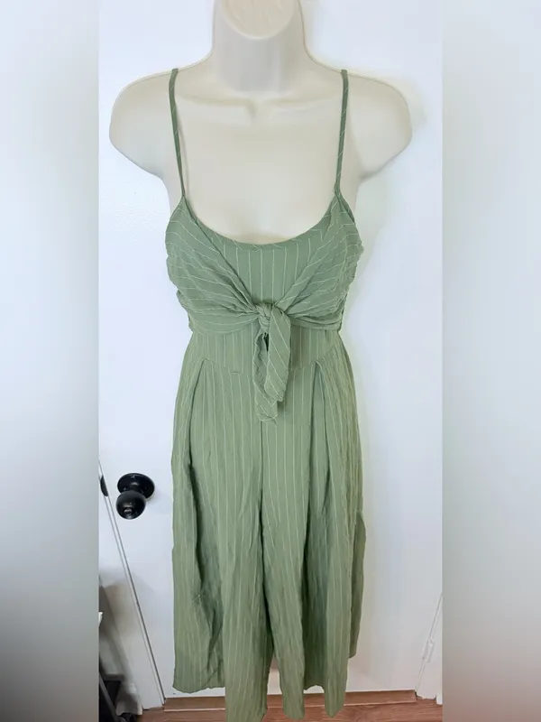 Flying Tomato Wide Leg Pinstripe Tie Front Keyhole Back Strap Jumpsuit Green S - Image 7