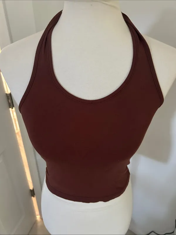 😍 Cutest Simple Brown Racerback Tied Halter Crop Tank - Image 2