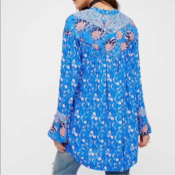 Free People Wildflower Fields Boho Blue Paisley Floral Print Tunic Top gypsy M - Image 4