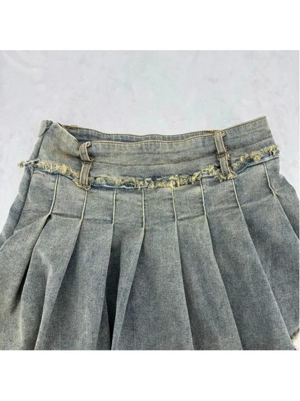 Denim Pleated Mini Skirt Asymmetric Fringed Hem AElfric Eden Sz Small Y2K Inspo - Image 6