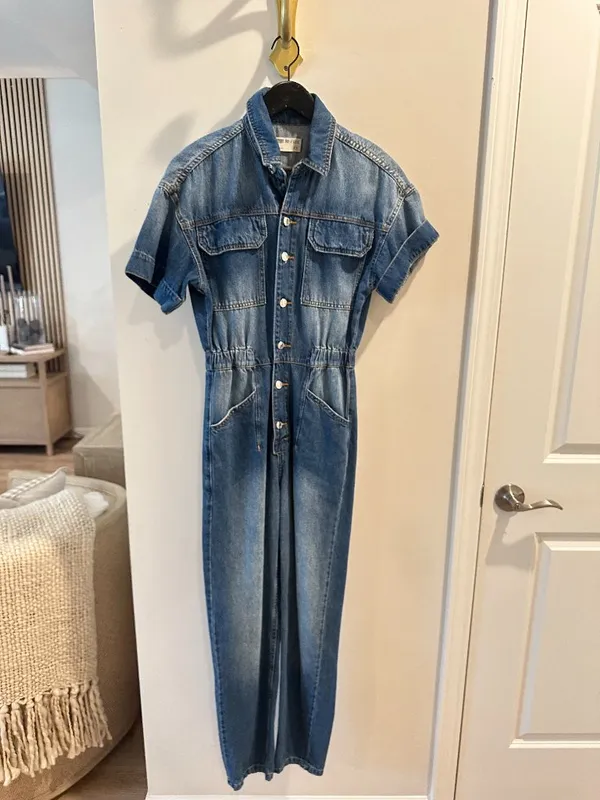 FREE PEOPLE Marci Denim Jumpsuit in Wash Sapphire Blue Size X-Small - Image 4