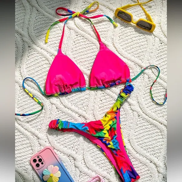 SHEIN Bright Rainbow Floral Triangle Bikini - Yellow, Blue, Pink, Green - Image 2