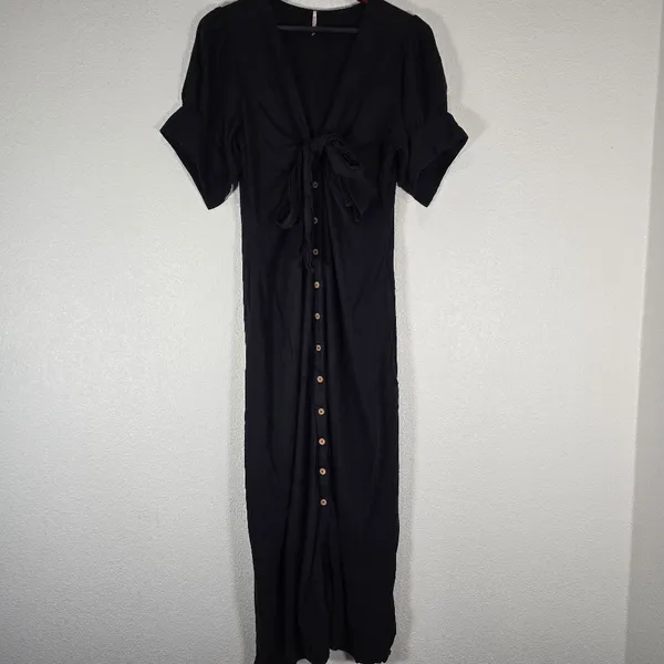 Free People Vintage Summer Midi Dress Tie Front Button down Black Size Large - Image 6