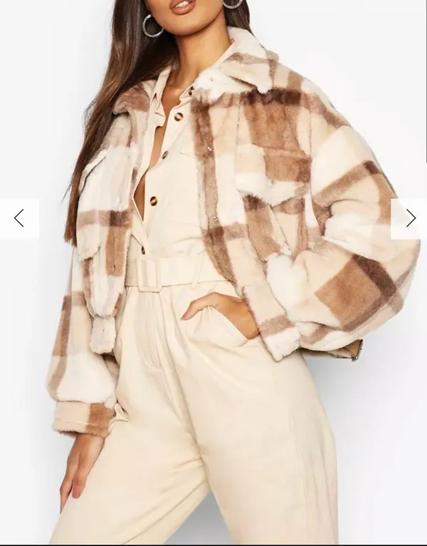 Boohoo Beige Plaid/check Fur Trucker Jacket - Image 2