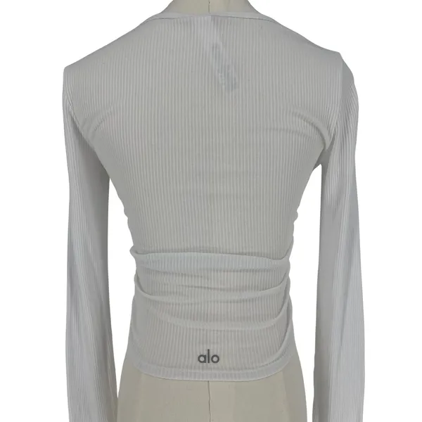 Alo Yoga Gather Long Sleeve White Ribbed Ruched Crop Top XS - Image 13