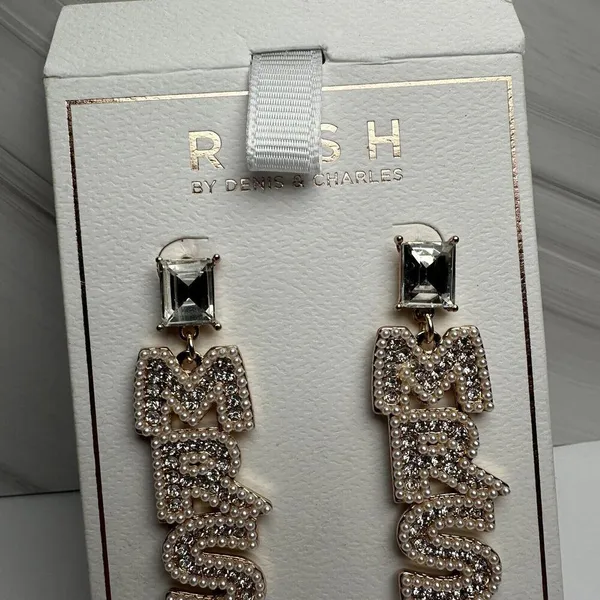 Rush Denis & Charles Rhinestone Faux Pearl MRS For Bride Pierced Dangle Earrings - Image 3