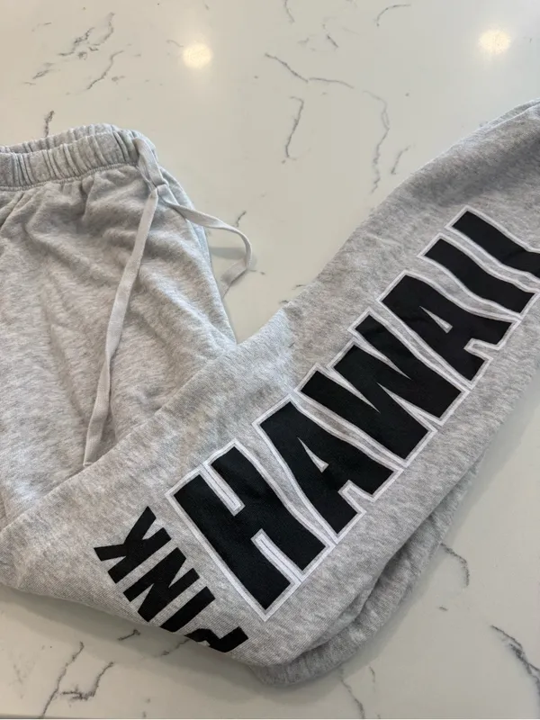 PINK Victoria's Secret Light Gray Joggers with Black 'HAWAII' Lettering - Image 2