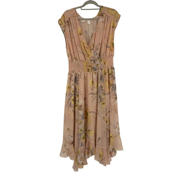 H&M Maxi Chiffon Dress Sz 10 Peach Cottage Boho Romantic Coquette Smock Floral - Image 2