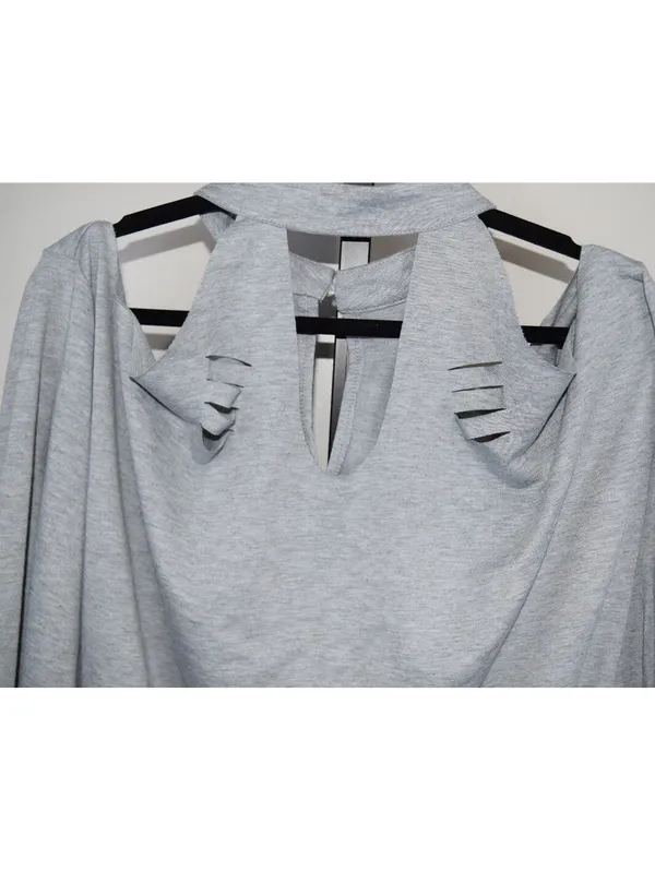 Edgy Gray Cold Shoulder Cutout Sweatshirt XXL Long Sleeve Top Distressed - Image 5