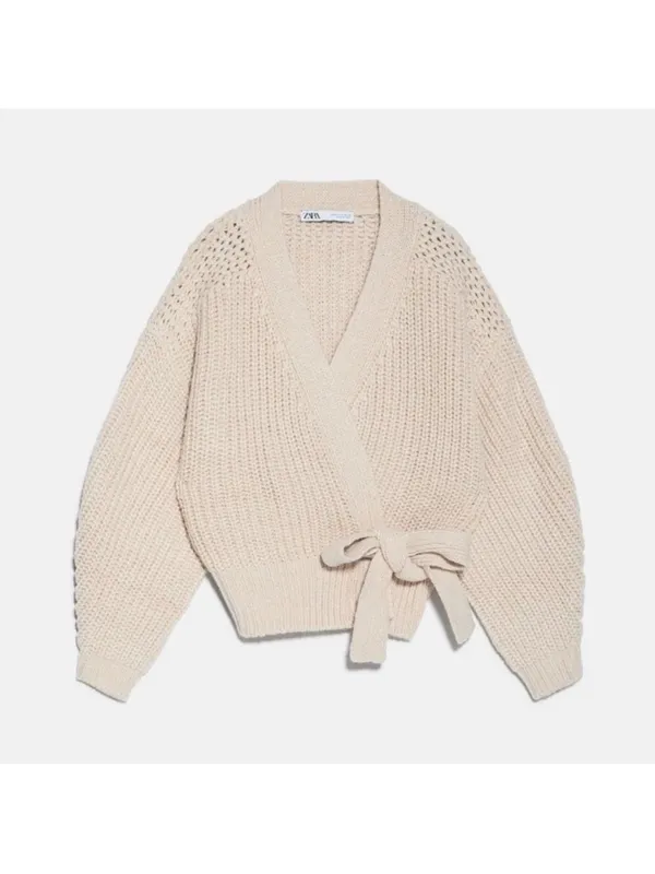 Zara NWT chunky knit sweater Cozy Cream Tie-Waist Sweater - Image 10