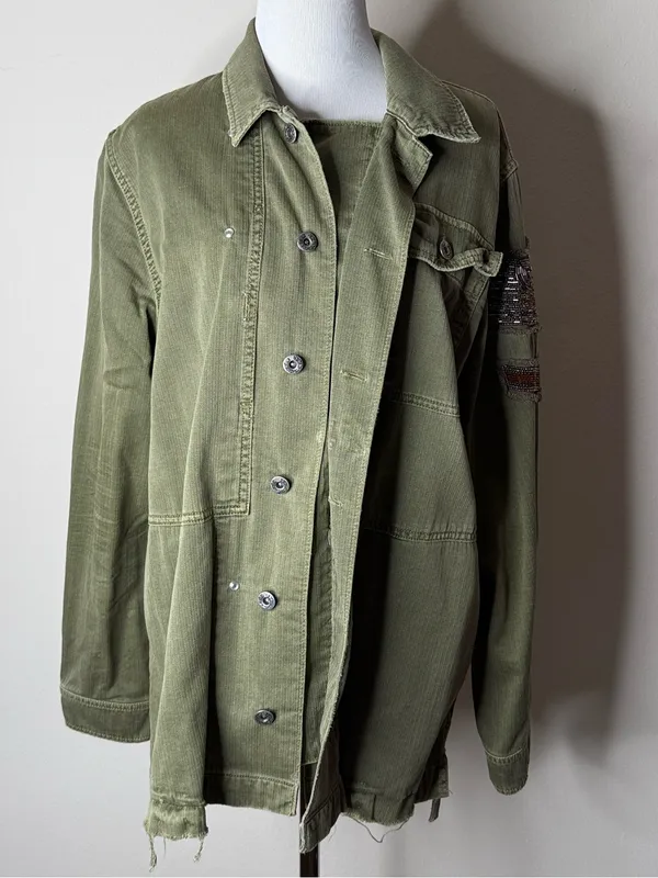 Free People Green Military Embroidered Beaded Shirt Jacket - Image 9
