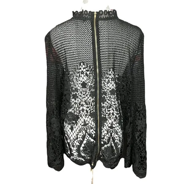 Bold Elements Black Crochet Lace Sheer Long Bell Sleeve Top XL - Image 3