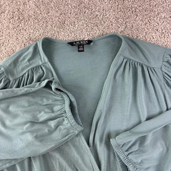 Lauren Ralph Lauren Black Label Wrap Top Womens L Teal Peplum Jersey V Neck Soft - Image 4