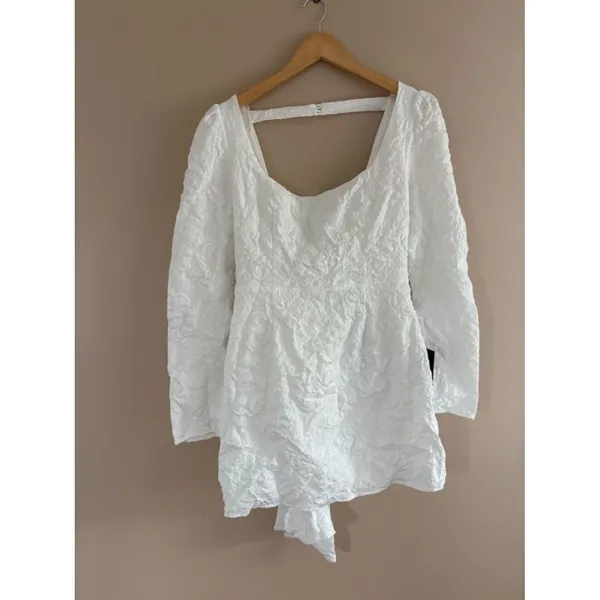 Lulus Elevated Icon White Jacquard Long Sleeve Bow Mini Dress Size Medium Bridal - Image 4