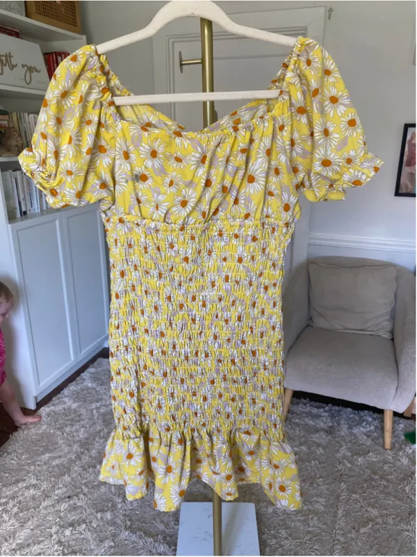 Girl Soul Yellow Daisy Floral Smocked Mini Dress Cottagecore Coquette Puff Sleev - Image 3