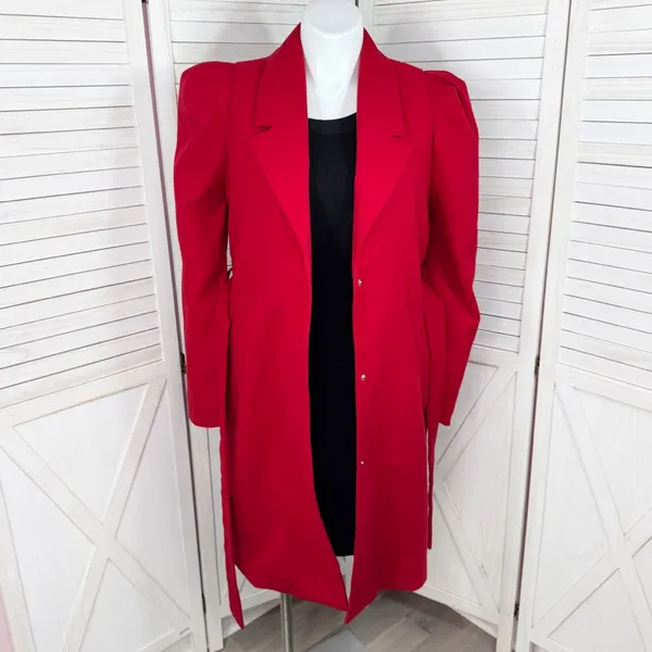 OnTwelfth Coat Women Size XL Red Puff Shoulder Sleeve Belted‎ Trench Long Cherry - Image 7