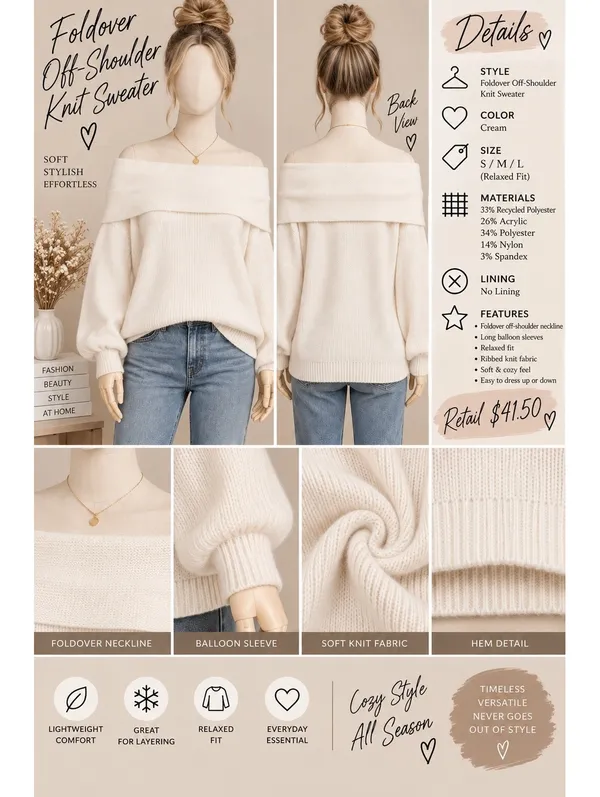 Timing Foldover Off-Shoulder Knit Sweater Cream Relaxed Fit - Image 2