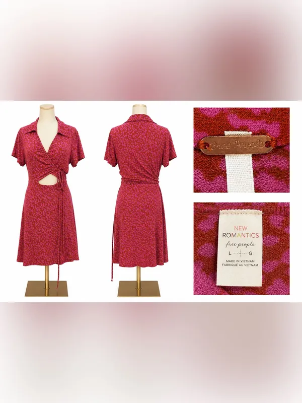 Free People New Romantics Wrap Front Cutout Dress Pink Animal Print Size Large - Image 4