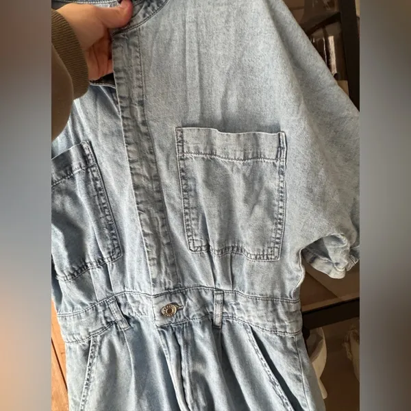 Mango denim romper playsuit light wash chambray short sleeve pockets button down - Image 8