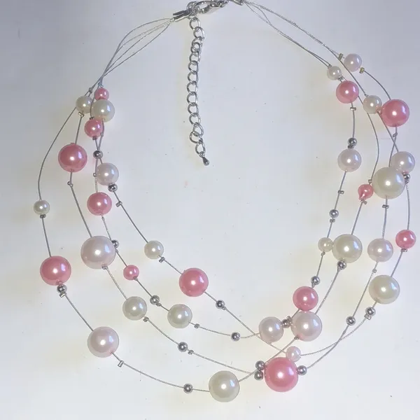 Silver Tone & White Pink Faux Pearl Beaded Boho Multi Strand Wire Necklace - Image 3