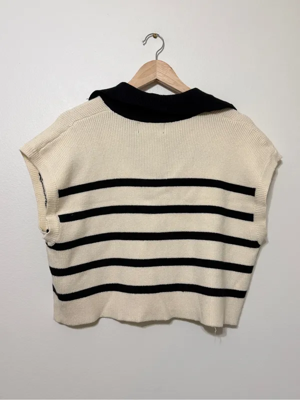 Cider Knit Striped Polo Vest Size XL Sweater Cream Black - Image 5