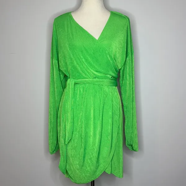 ASOS - Green Wrap Slinky Blouson Sleeve Dress - Image 3