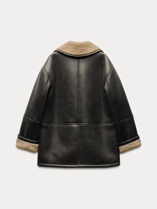 Zara Black Faux Leather Pea Coat with Cream Shearling Collar - Image 4