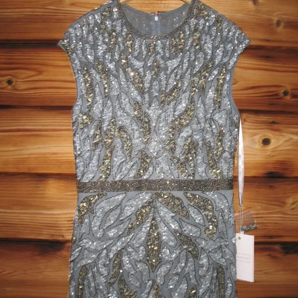Mac Duggal Size 12 Silver Gray Gold Beaded Cap Sleeve Column Gown Maxi Dress - Image 8