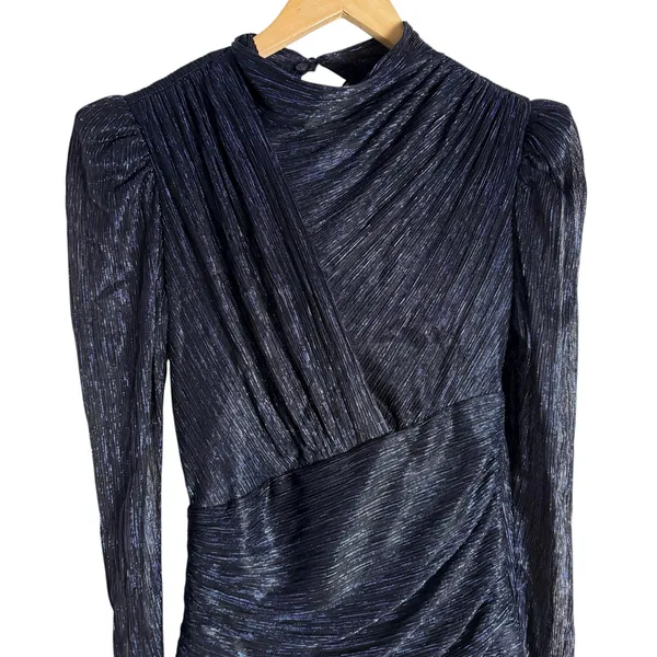 Sabina Musayev Brenda Navy Blue Metallic Long Sleeve Mock Neck Mini Dress Small - Image 7